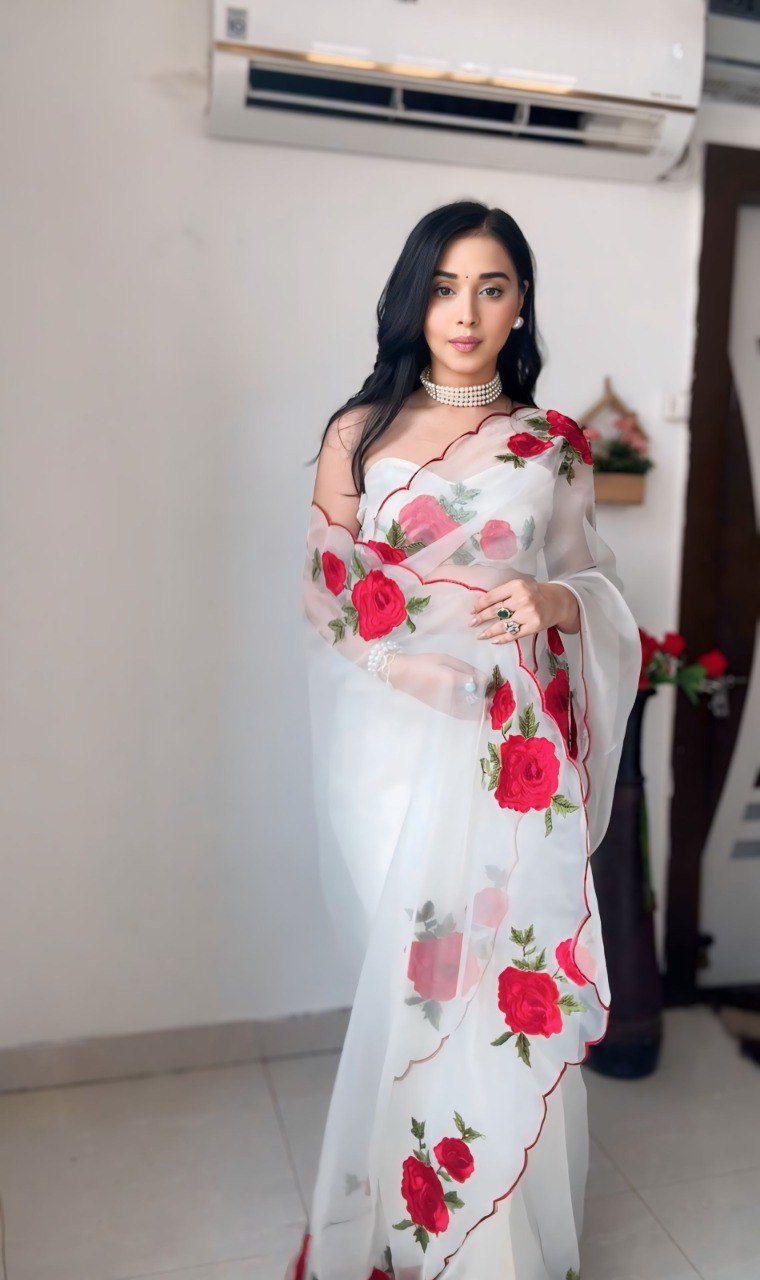 White Organza Ready To Wear Printed Saree