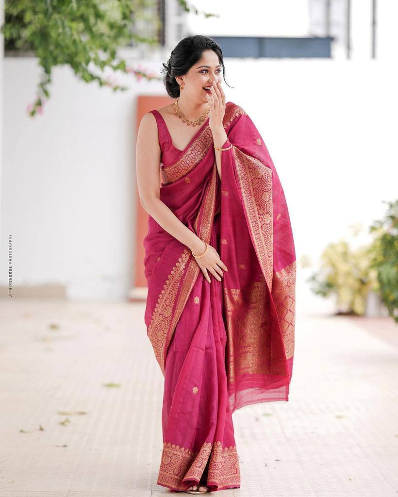 Dark Pink Soft Lichi Silk Jacquard Work Saree