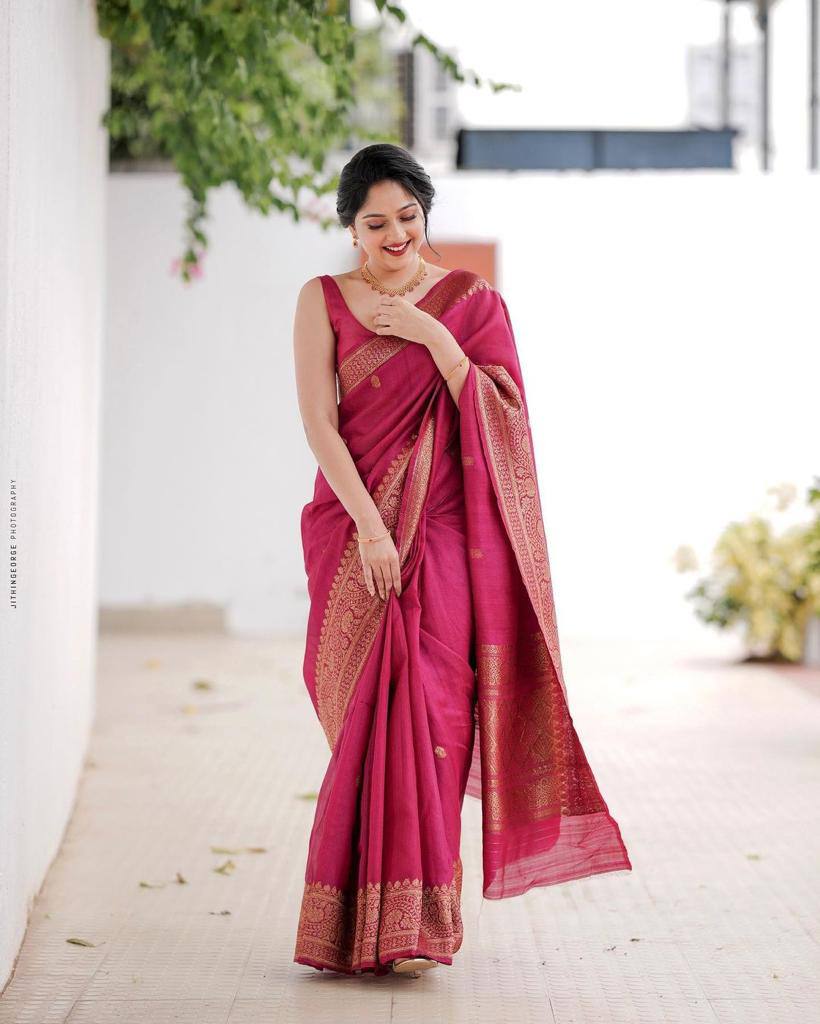 Dark Pink Soft Lichi Silk Jacquard Work Saree