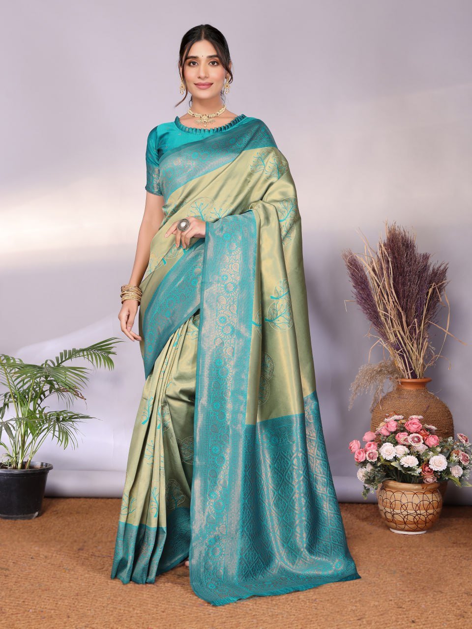 Turquoise Banarasi Soft Silk Saree