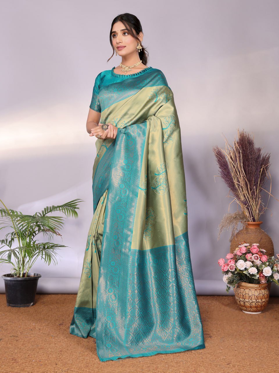 Turquoise Banarasi Soft Silk Saree