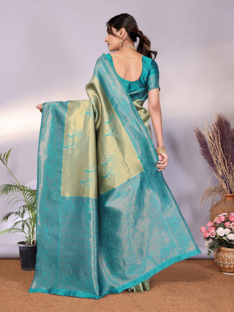 Turquoise Banarasi Soft Silk Saree