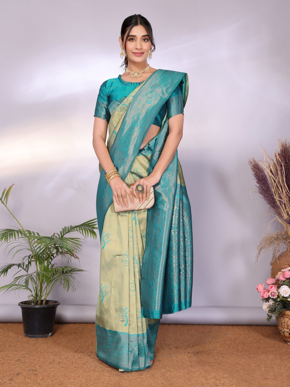 Turquoise Banarasi Soft Silk Saree