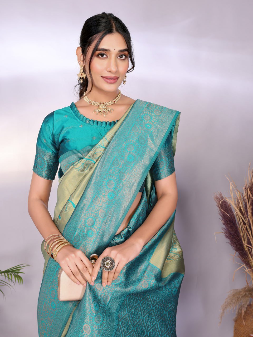 Turquoise Banarasi Soft Silk Saree