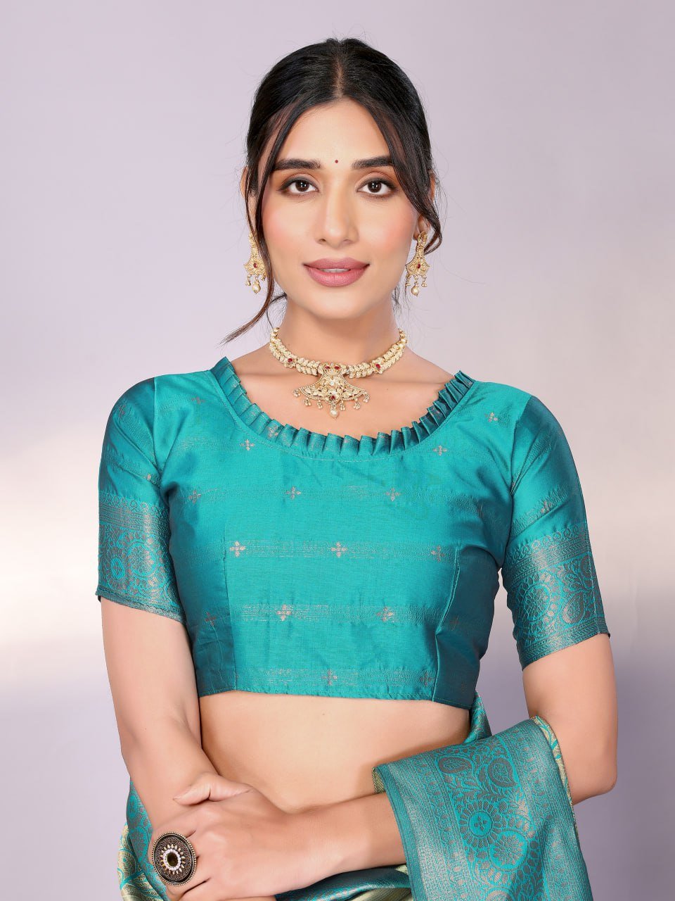 Turquoise Banarasi Soft Silk Saree