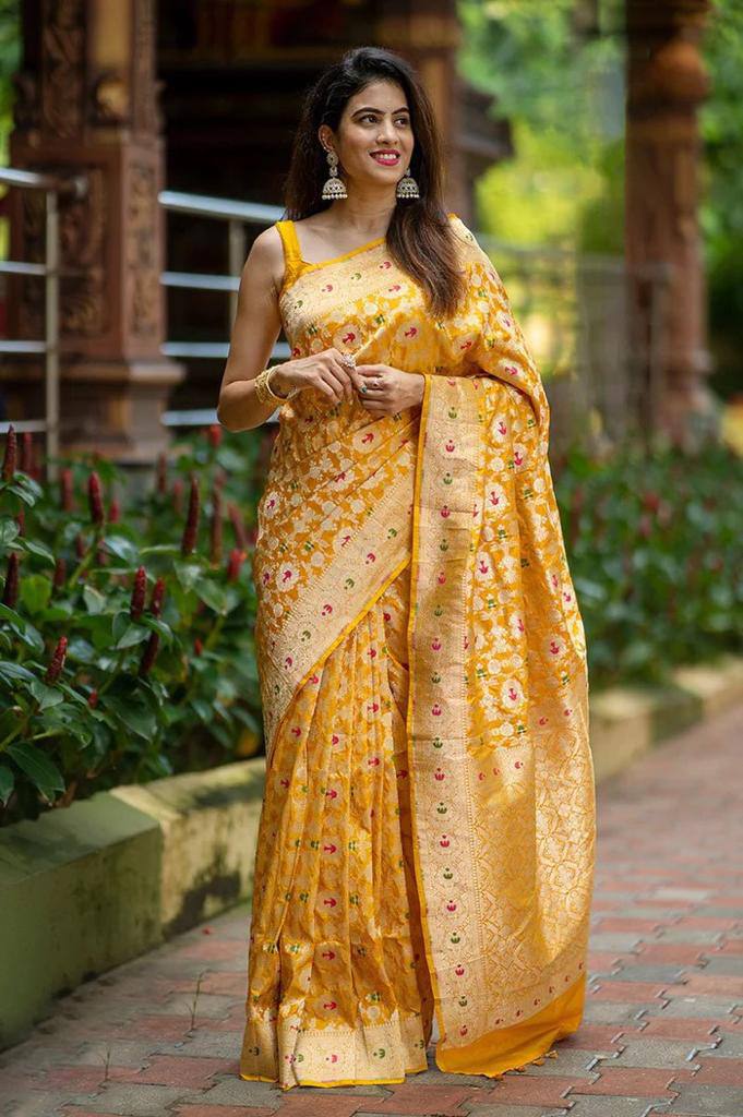 Beautiful Yellow Soft Lichi Silk Jacquard Work Saree