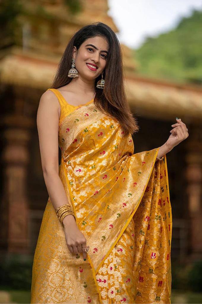 Beautiful Yellow Soft Lichi Silk Jacquard Work Saree