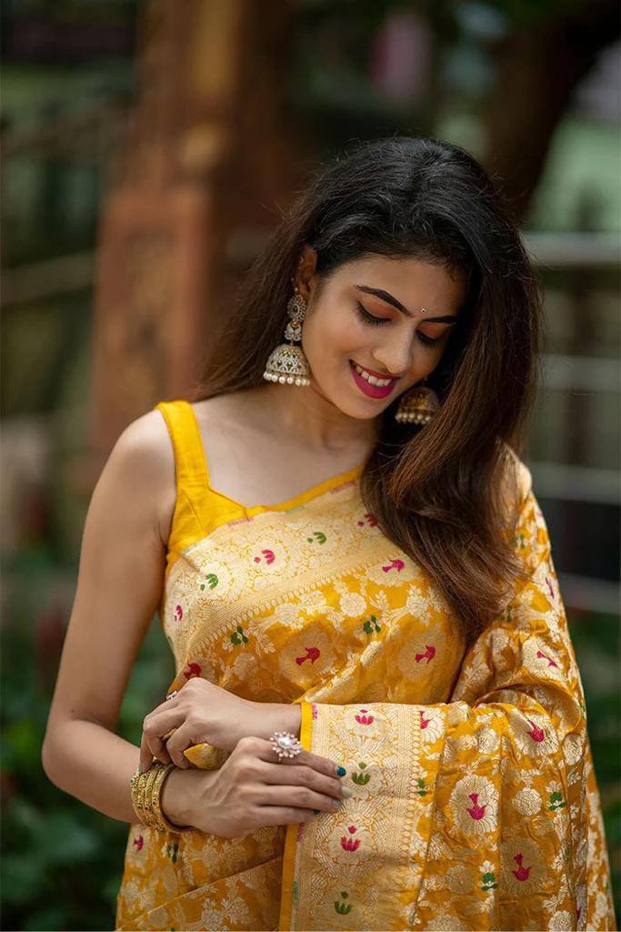 Beautiful Yellow Soft Lichi Silk Jacquard Work Saree