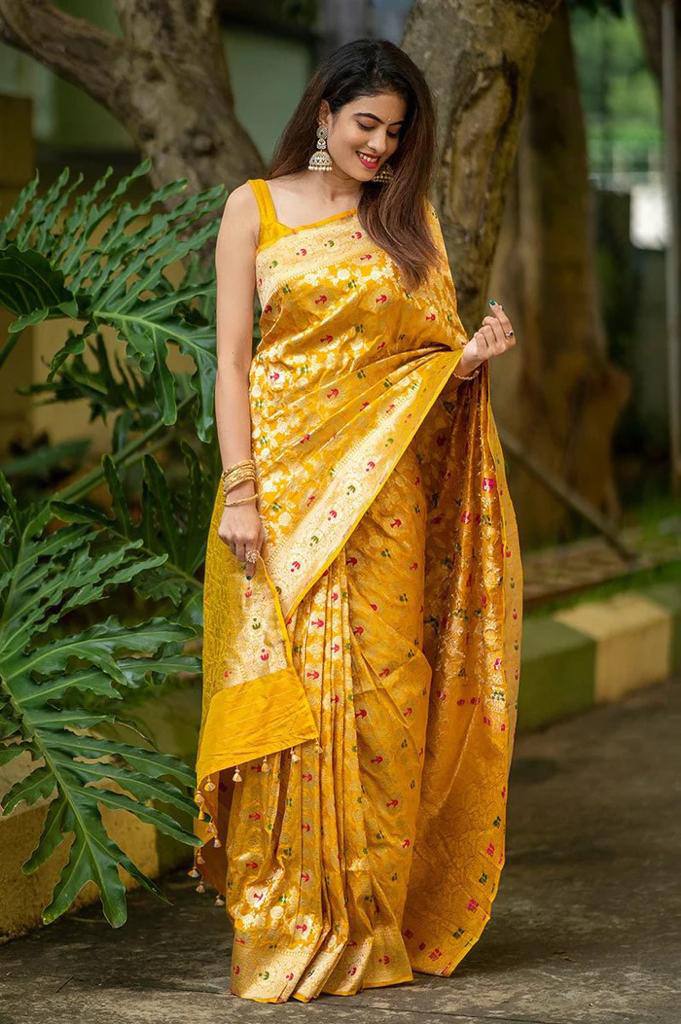 Beautiful Yellow Soft Lichi Silk Jacquard Work Saree