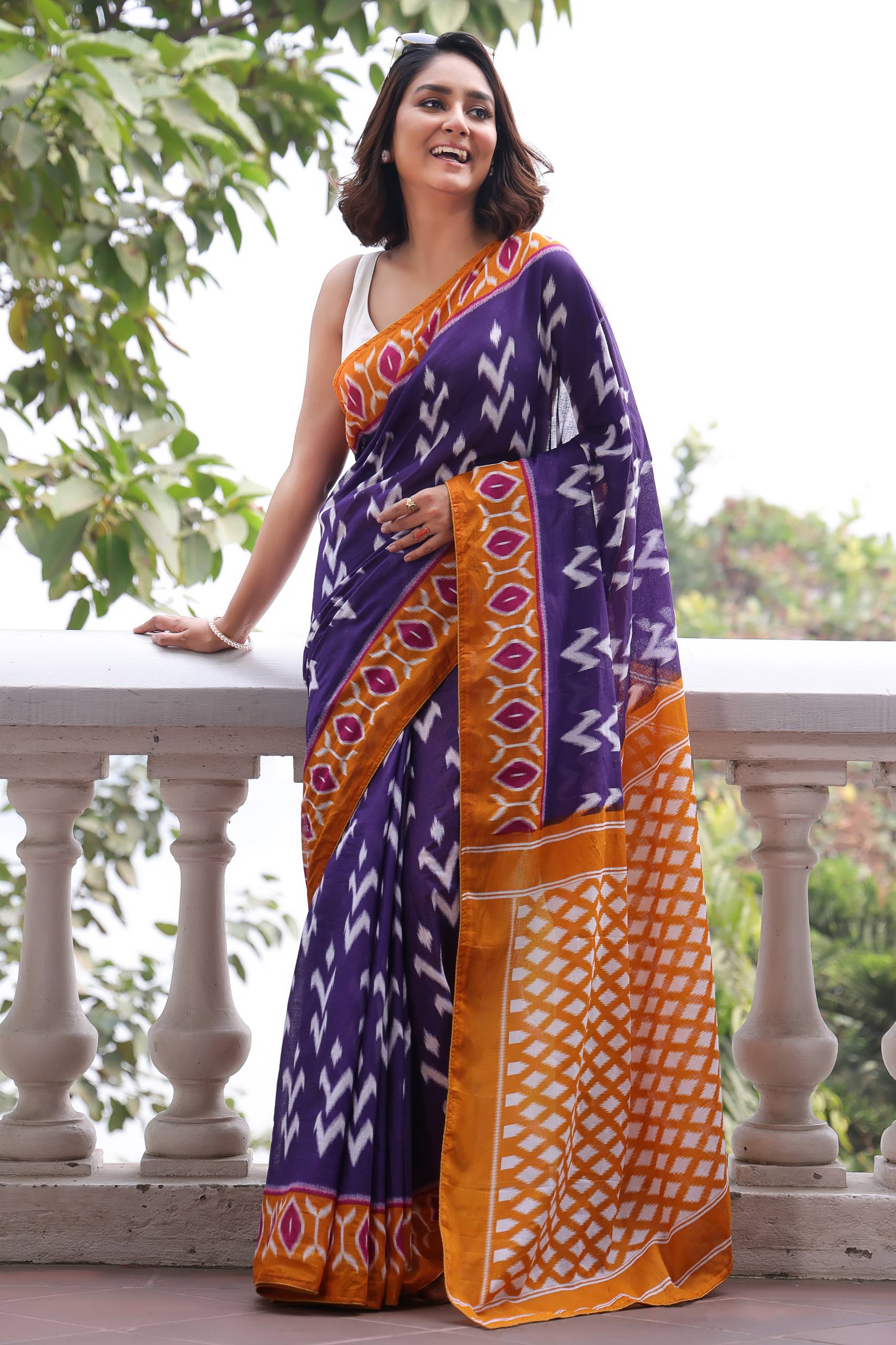 Purple Original Mulmul Cotton Ikkat Style Printed Saree