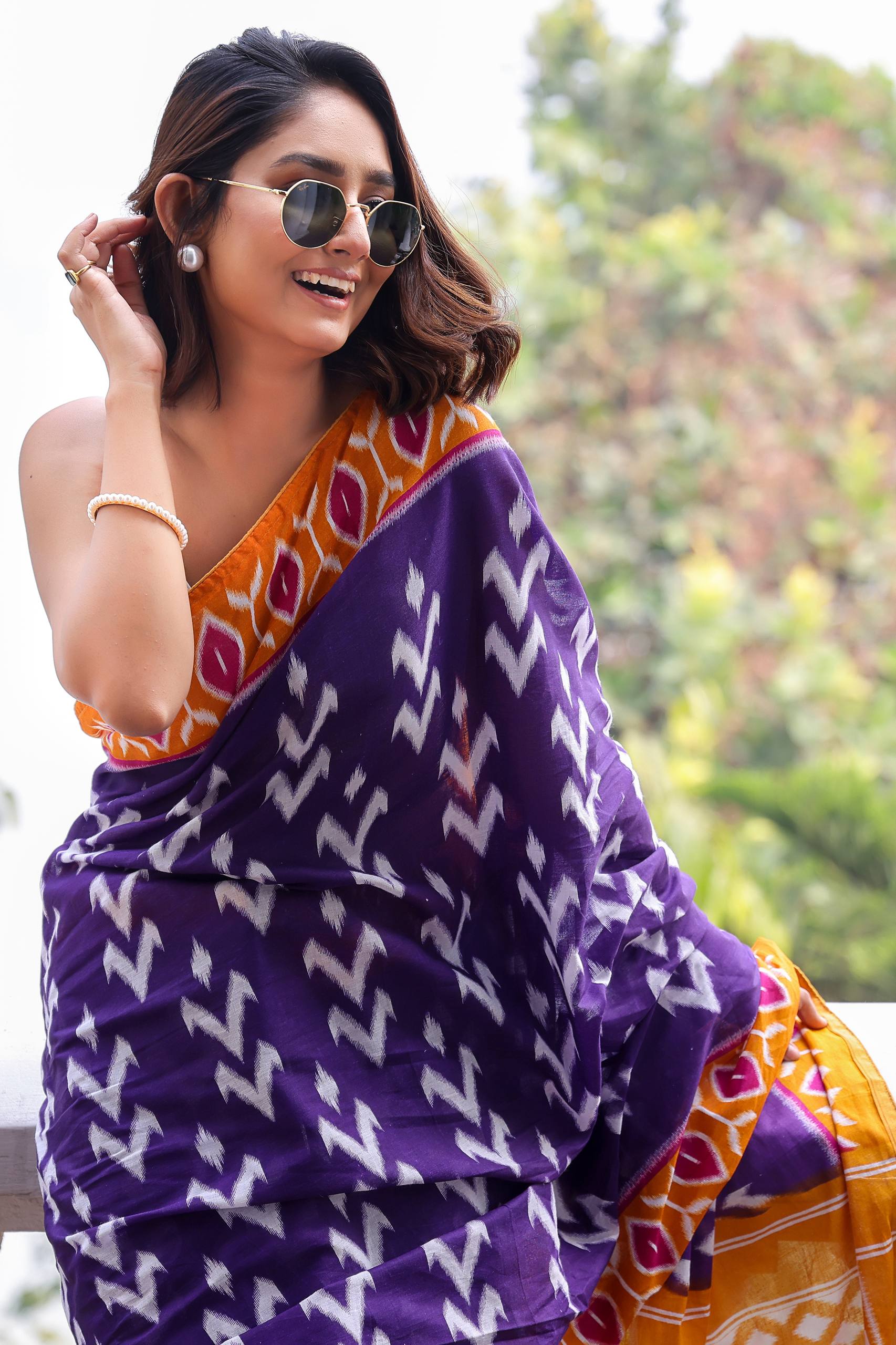 Purple Original Mulmul Cotton Ikkat Style Printed Saree