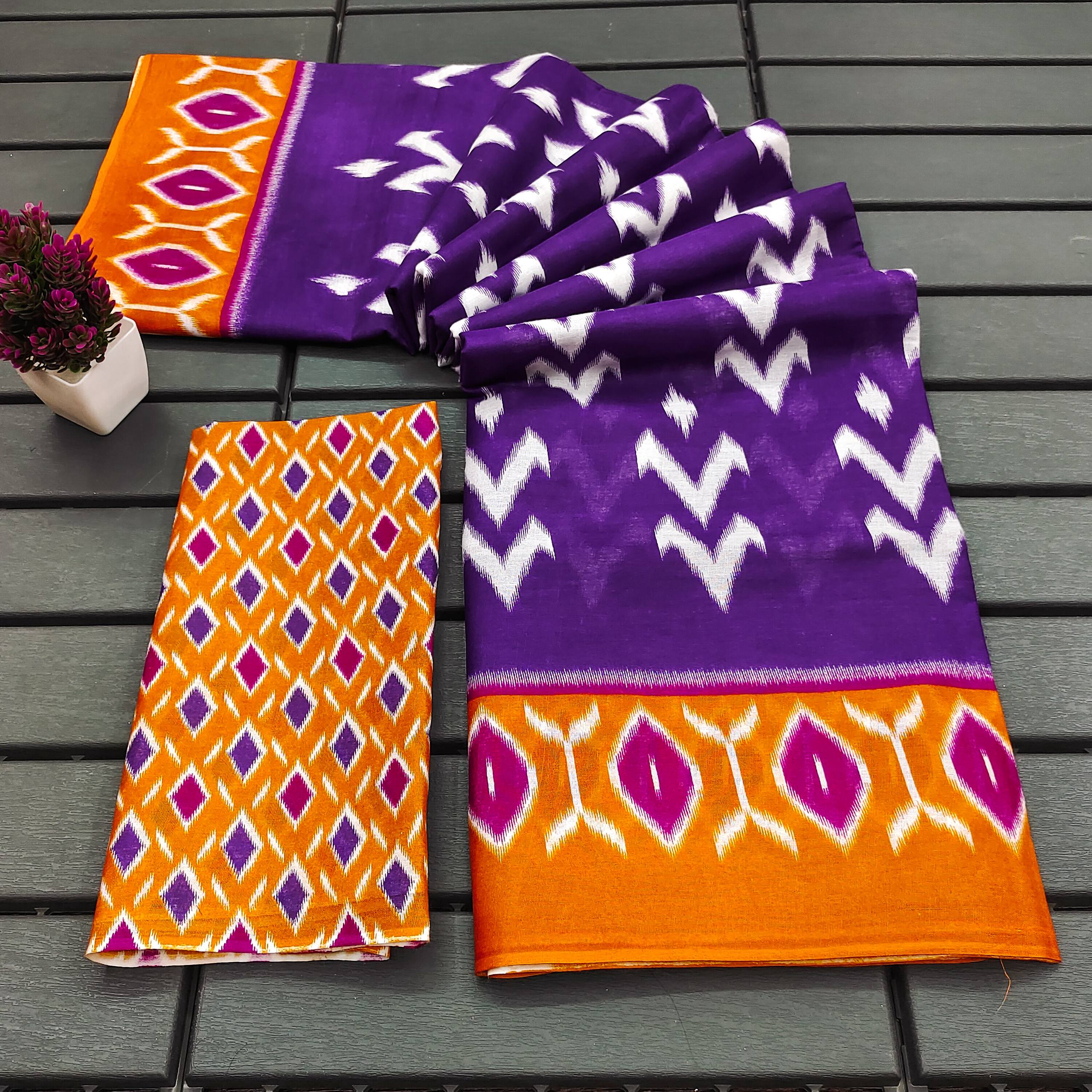 Purple Original Mulmul Cotton Ikkat Style Printed Saree