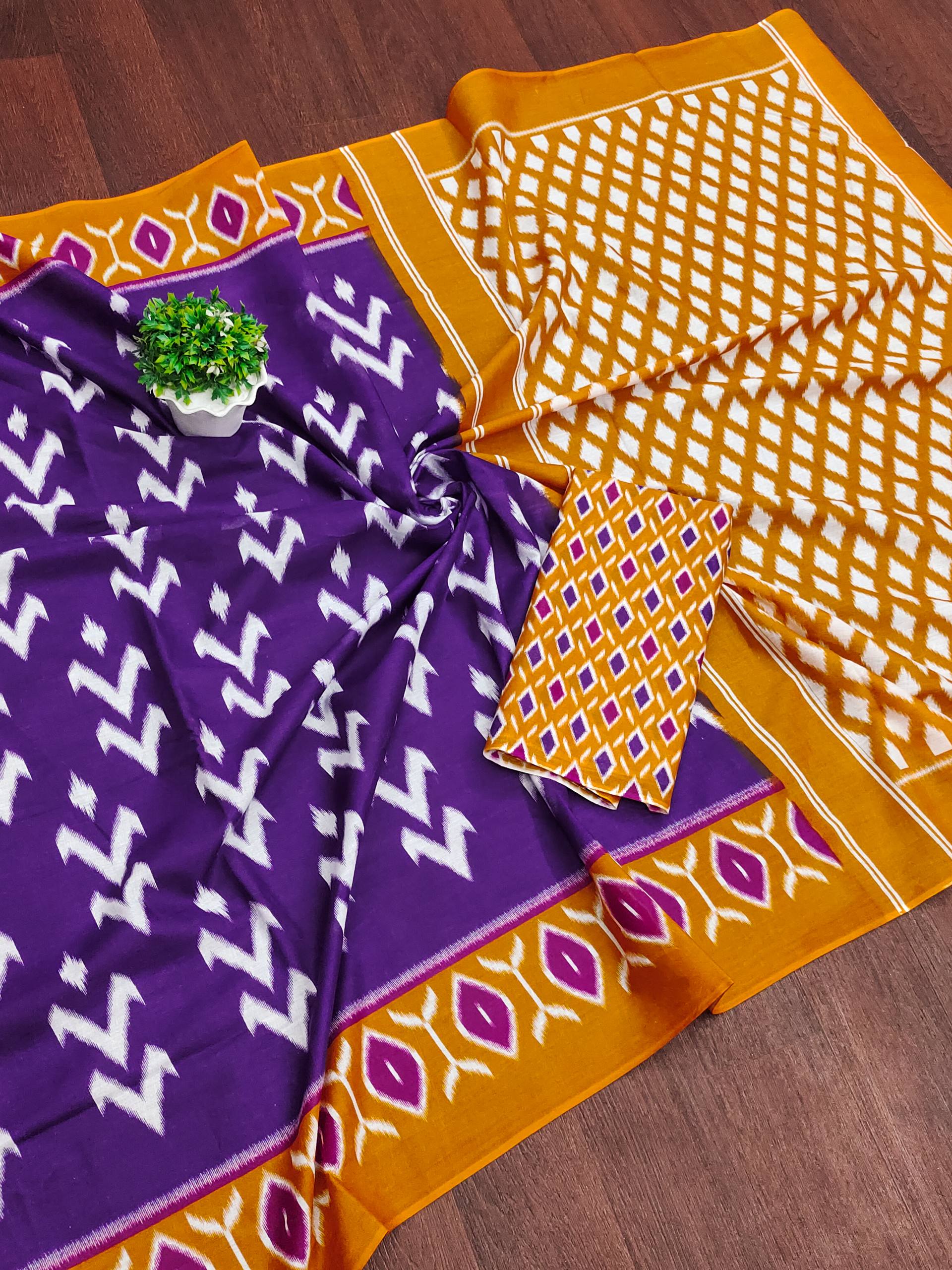 Purple Original Mulmul Cotton Ikkat Style Printed Saree