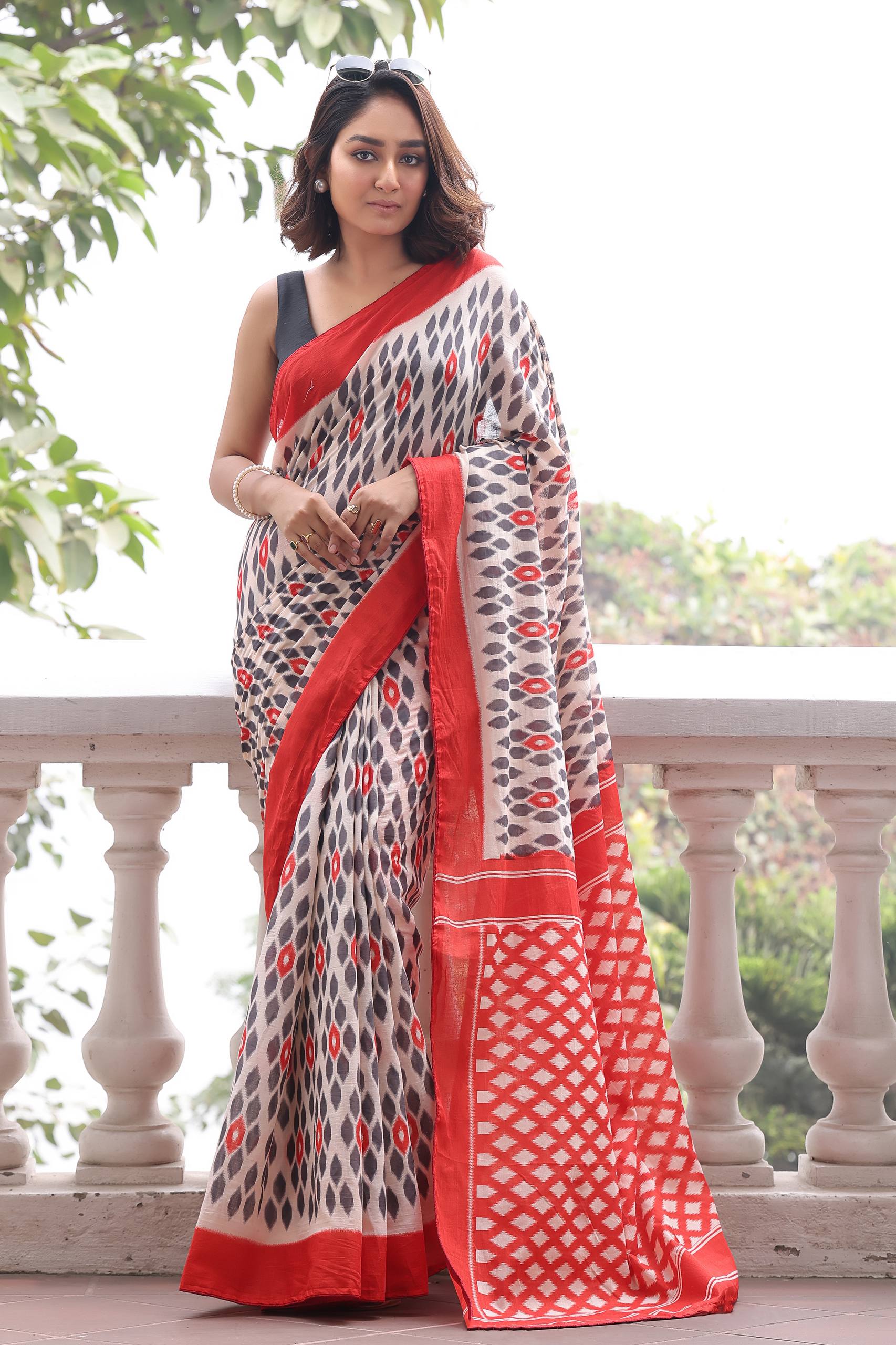 Original Mulmul Cotton Ikkat Style Printed Saree