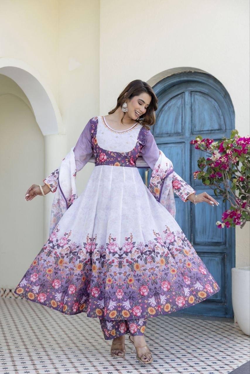 White With Lavender Flower Chanderi Digital Print With Hand Work Kurti Set