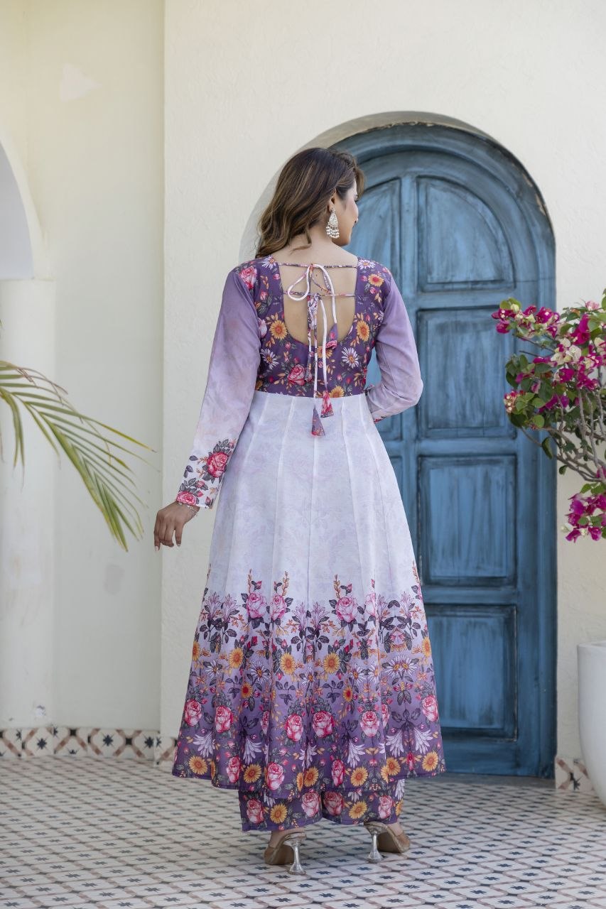 White With Lavender Flower Chanderi Digital Print With Hand Work Kurti Set