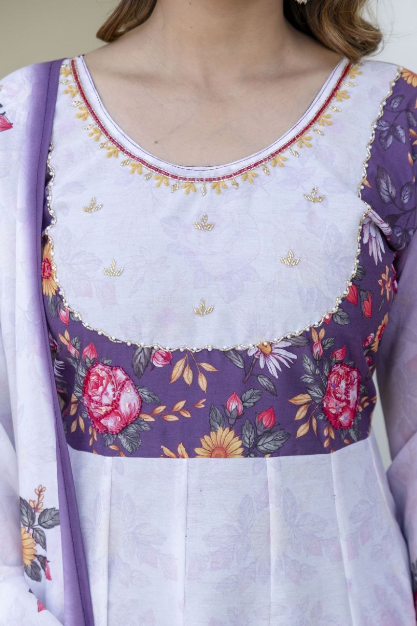White With Lavender Flower Chanderi Digital Print With Hand Work Kurti Set