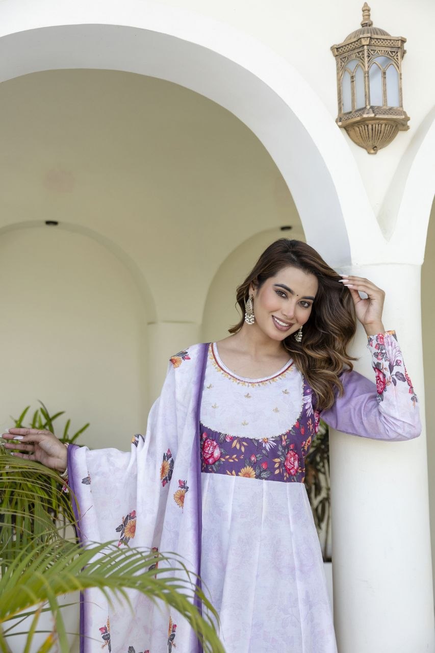 White With Lavender Flower Chanderi Digital Print With Hand Work Kurti Set