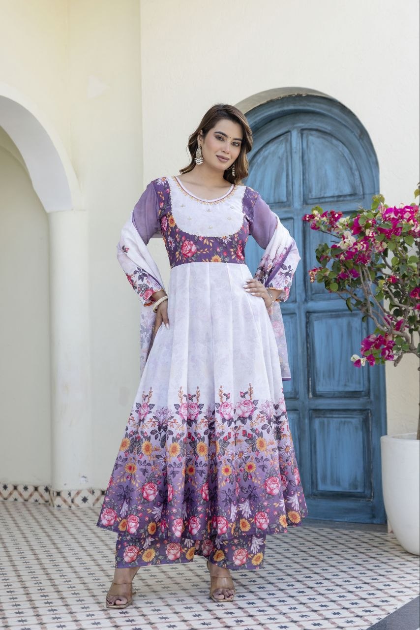White With Lavender Flower Chanderi Digital Print With Hand Work Kurti Set