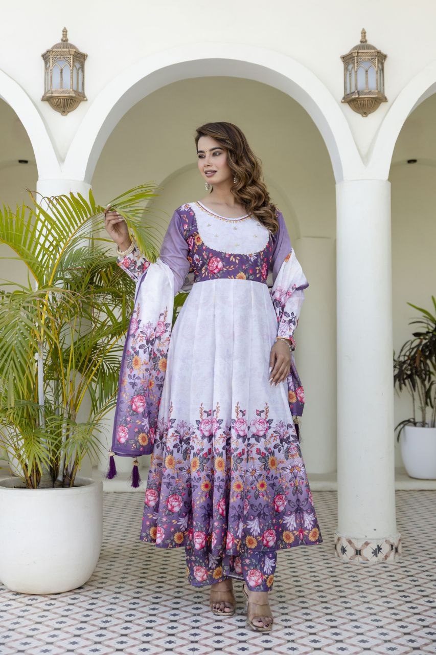 White With Lavender Flower Chanderi Digital Print With Hand Work Kurti Set