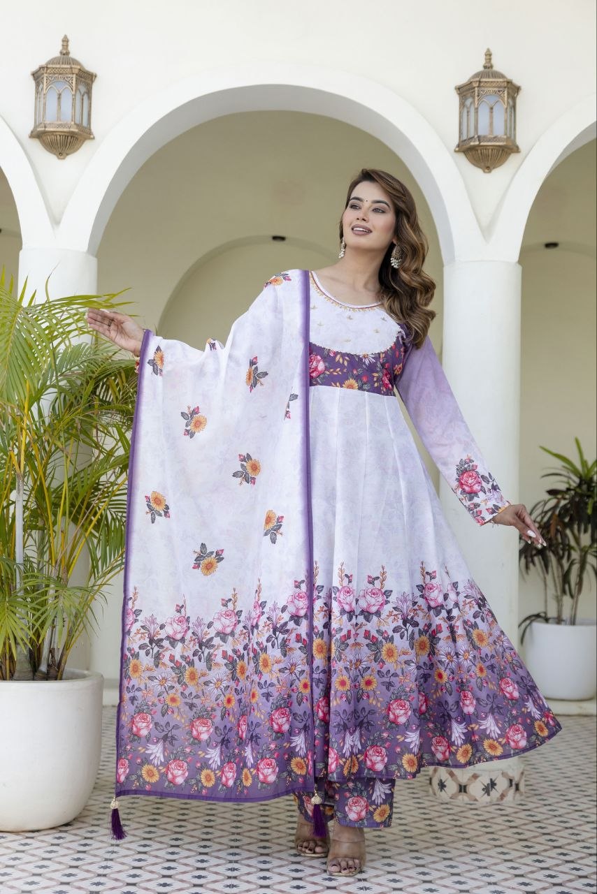 White With Lavender Flower Chanderi Digital Print With Hand Work Kurti Set