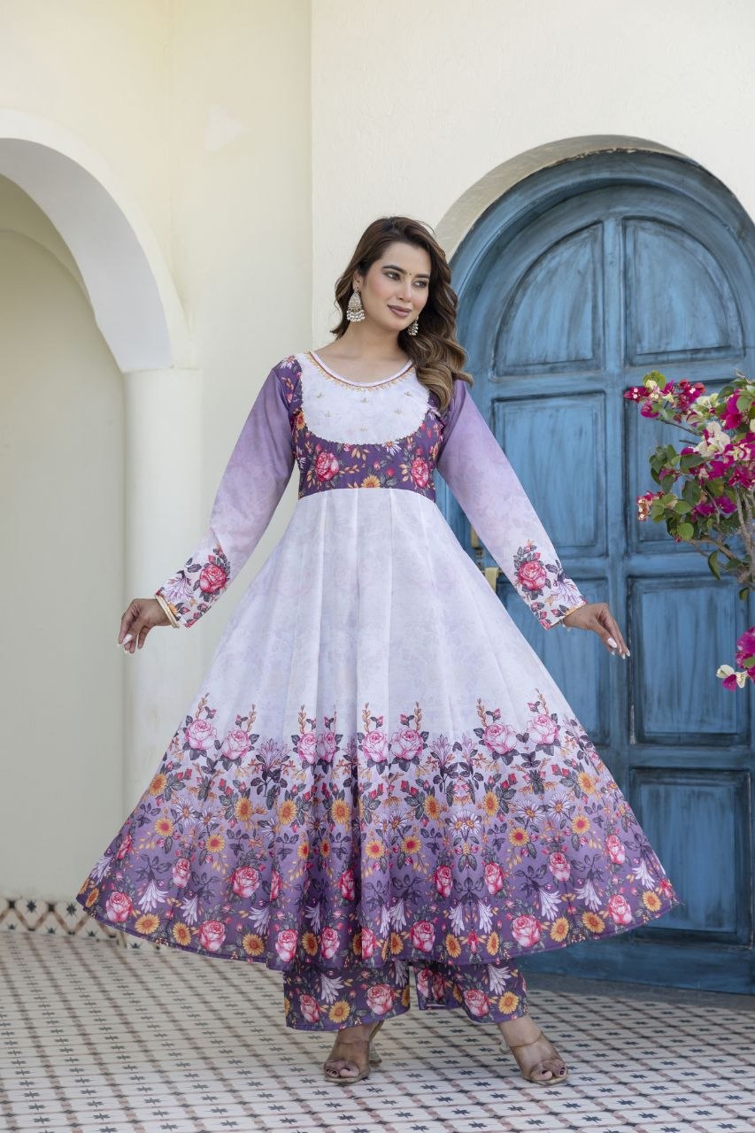 White With Lavender Flower Chanderi Digital Print With Hand Work Kurti Set