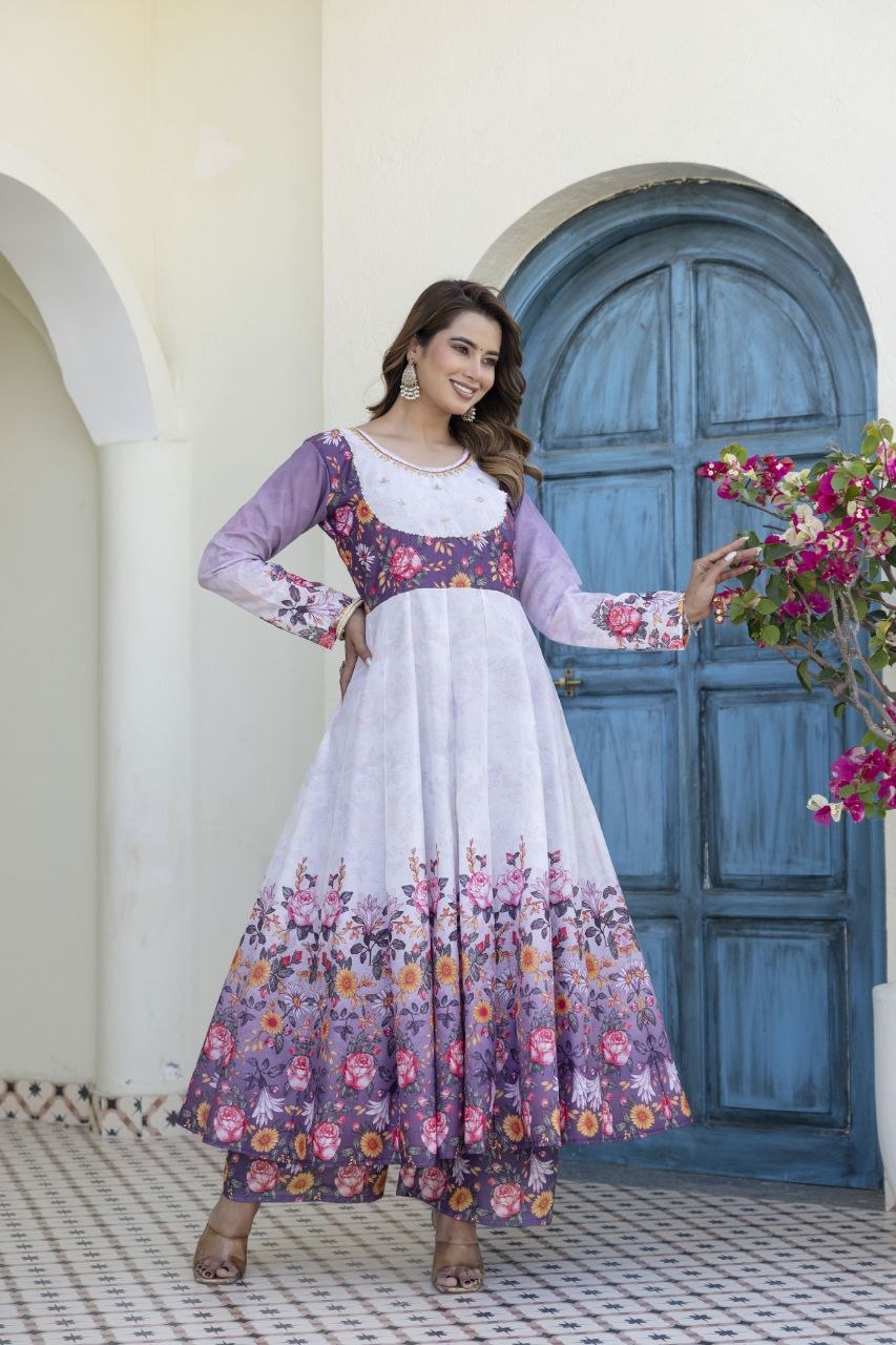 White With Lavender Flower Chanderi Digital Print With Hand Work Kurti Set