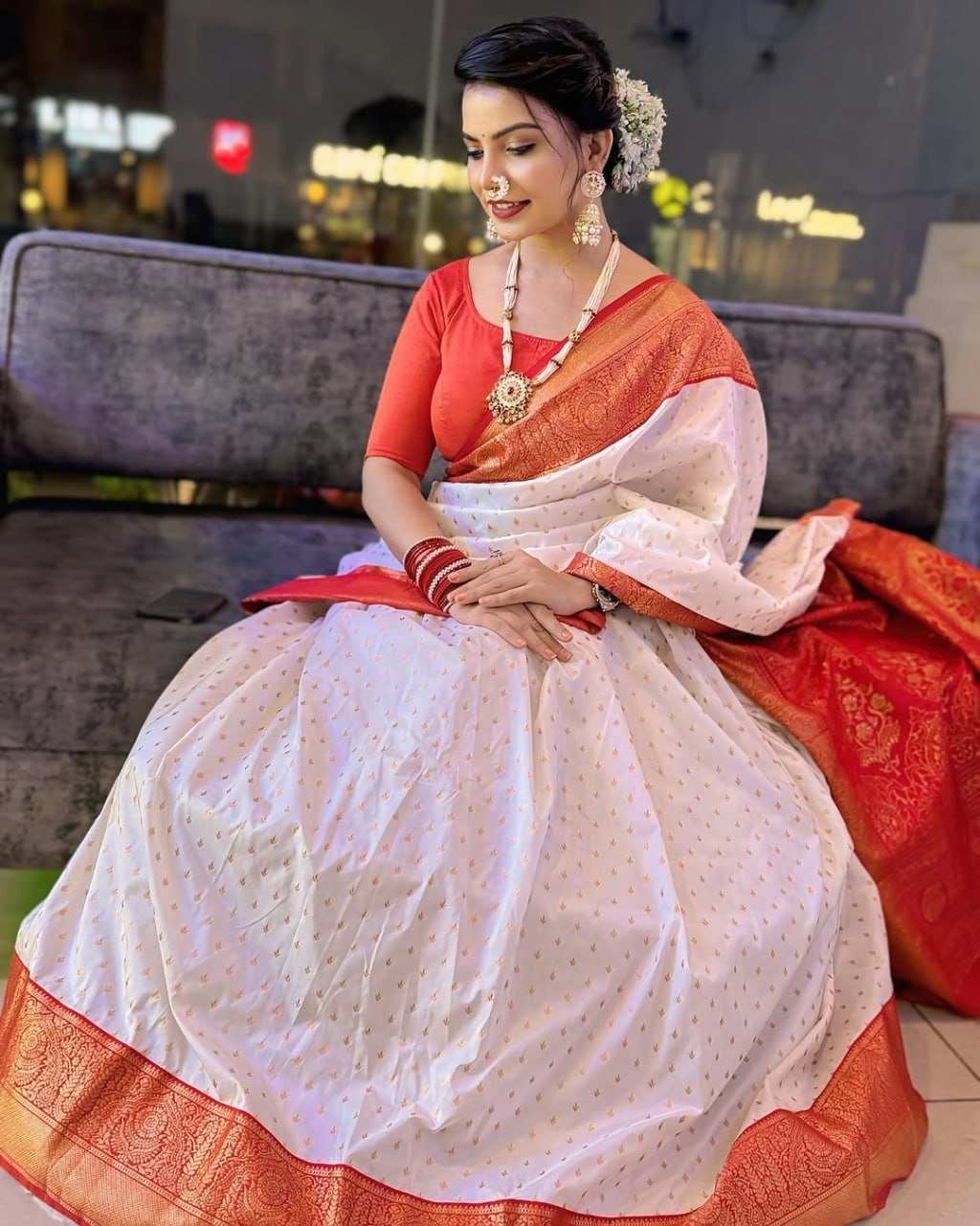 White Banarasi Soft Silk Saree