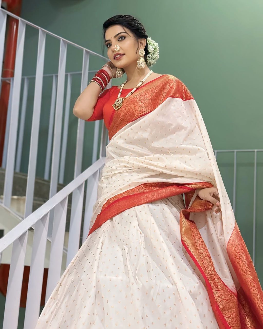 White Banarasi Soft Silk Saree
