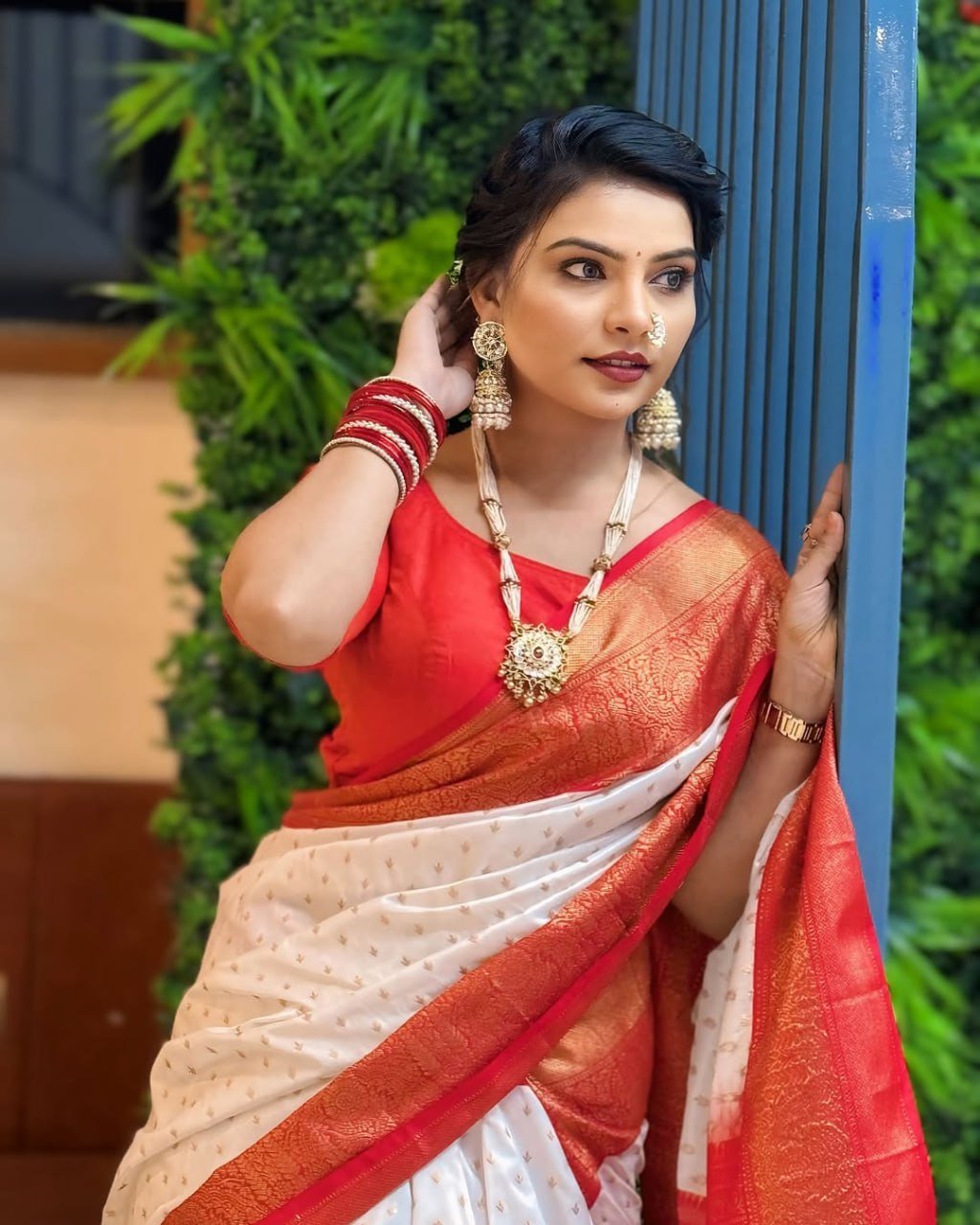 White Banarasi Soft Silk Saree