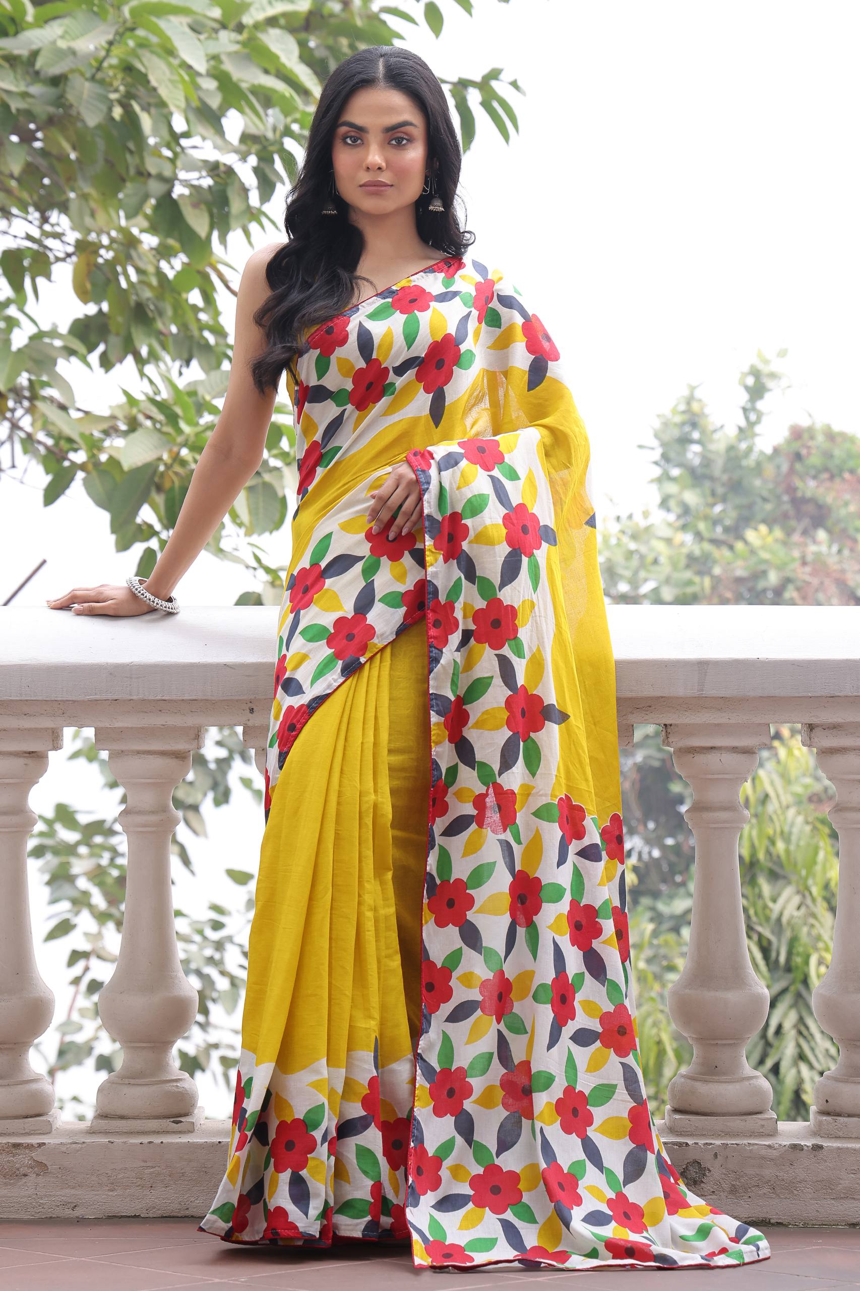 Floral Handblock Printed Mulmul Cotton Saree