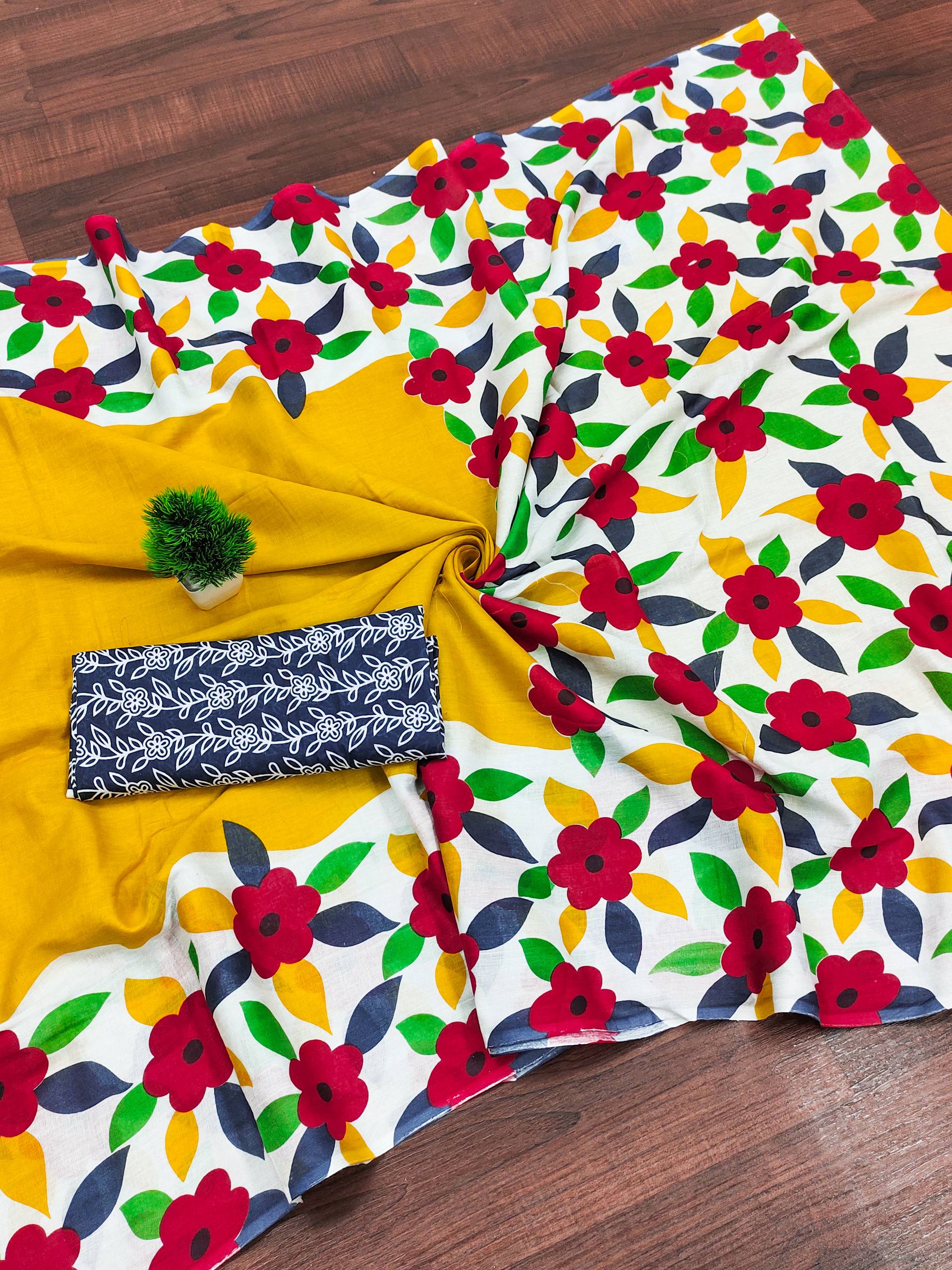 Floral Handblock Printed Mulmul Cotton Saree