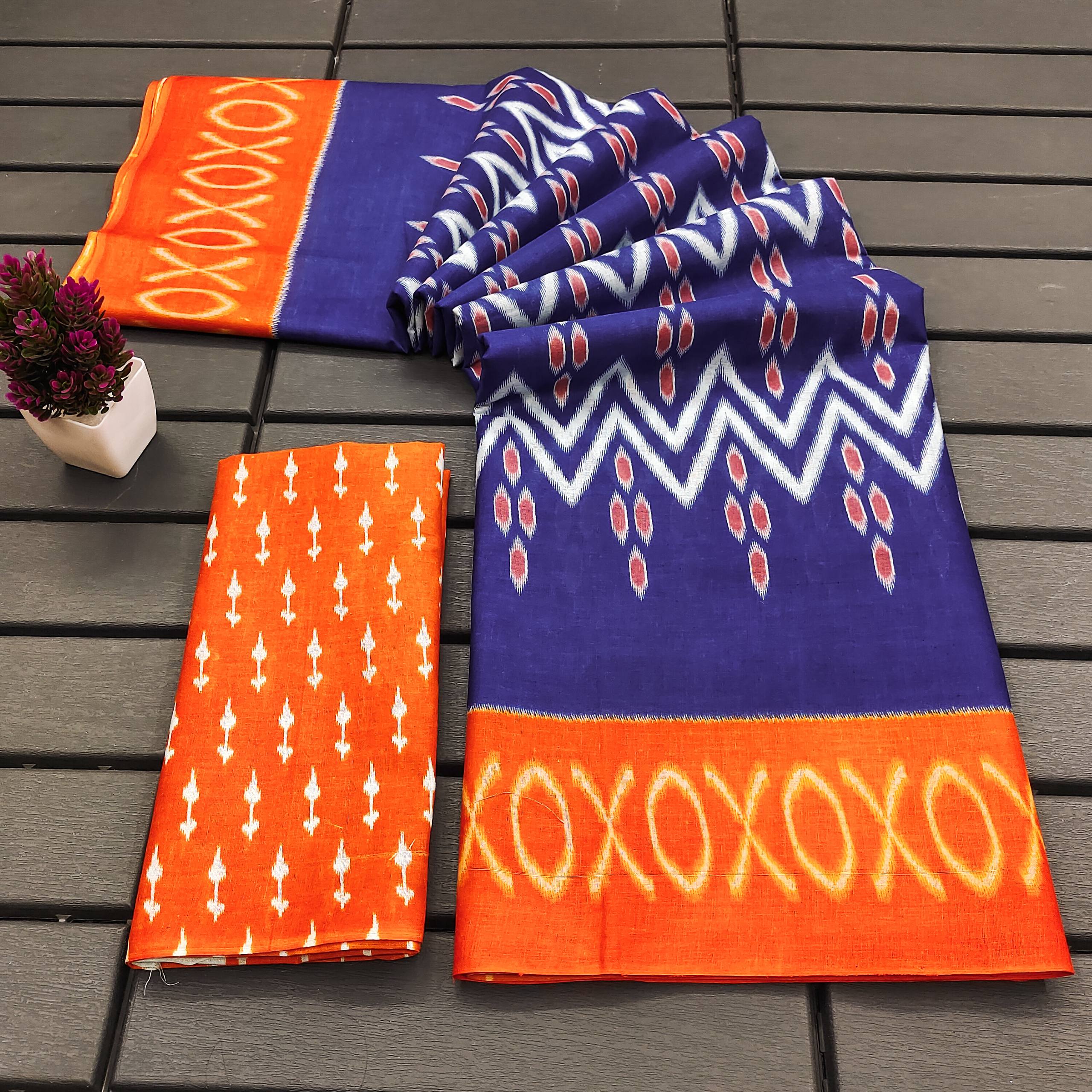 Orange Mulmul Cotton Ikkat Handblock Printed Saree