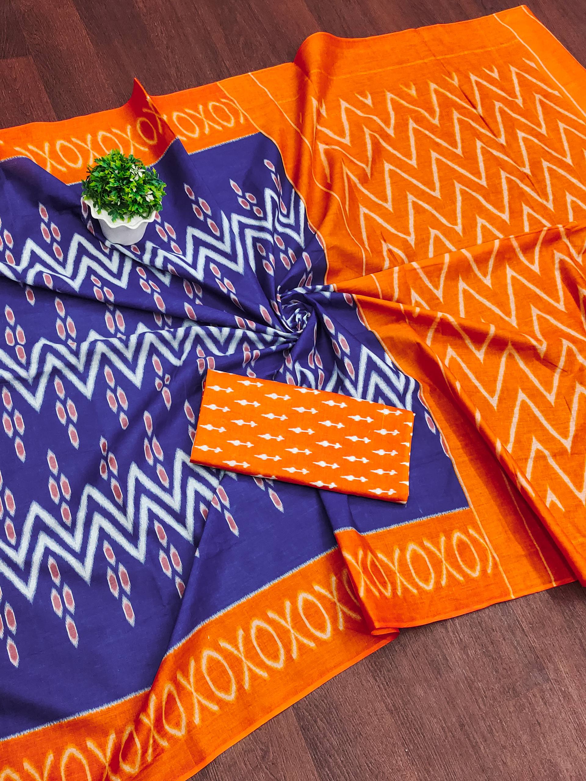 Orange Mulmul Cotton Ikkat Handblock Printed Saree