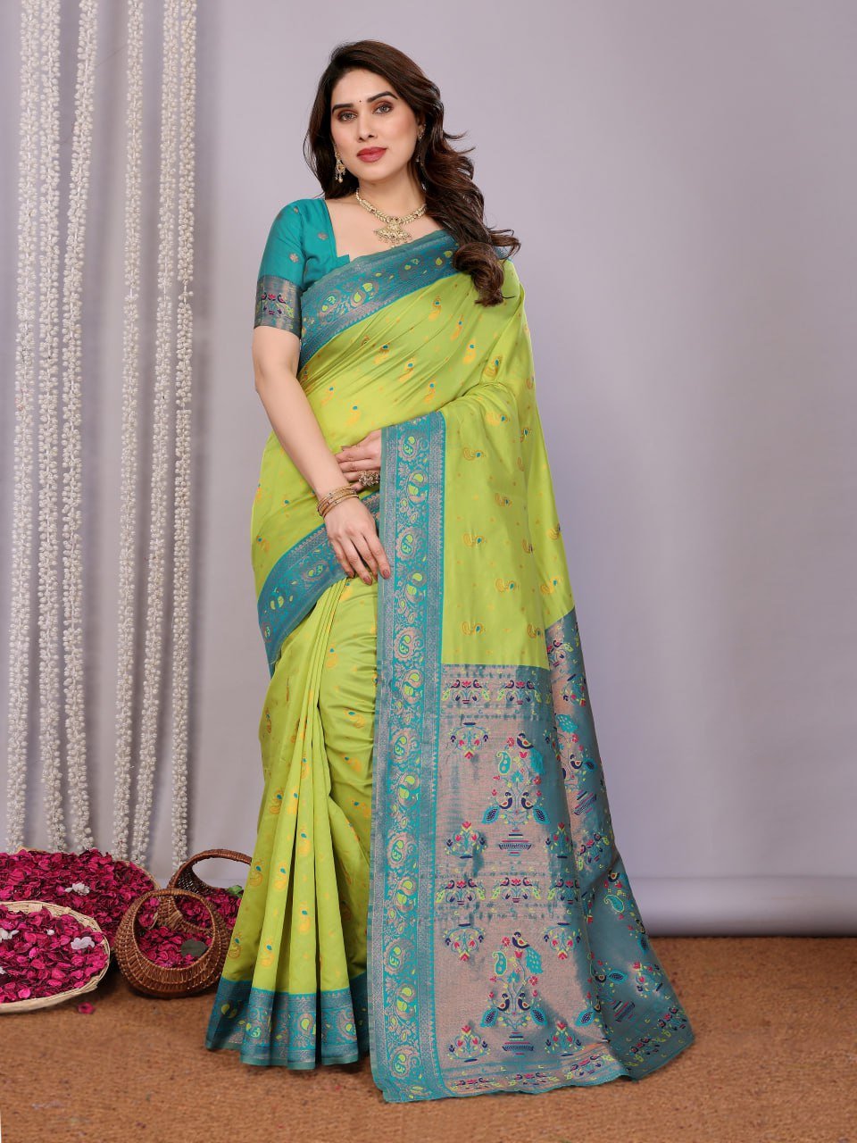 Leaf Green Banarasi Soft Silk Saree