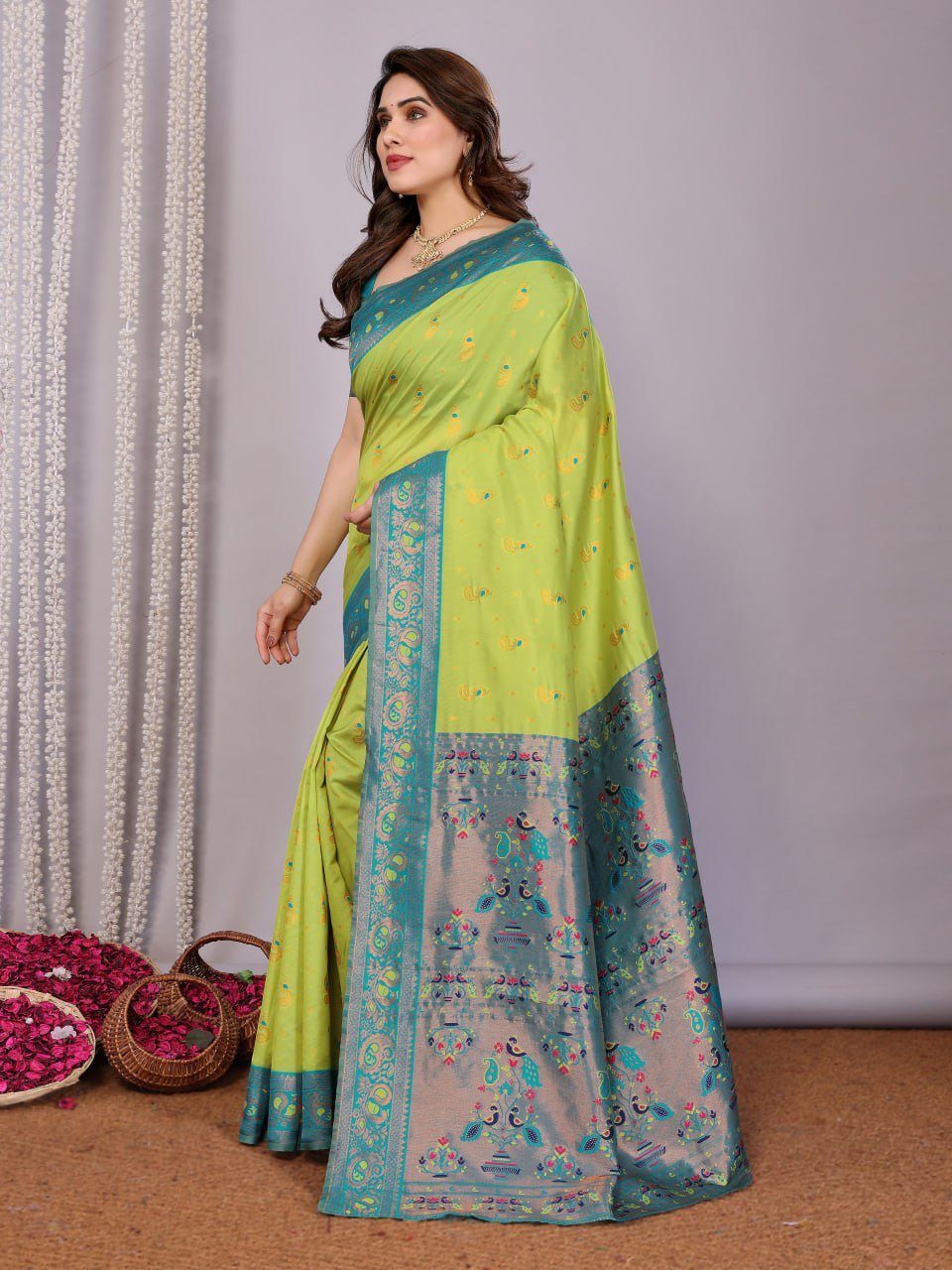 Leaf Green Banarasi Soft Silk Saree