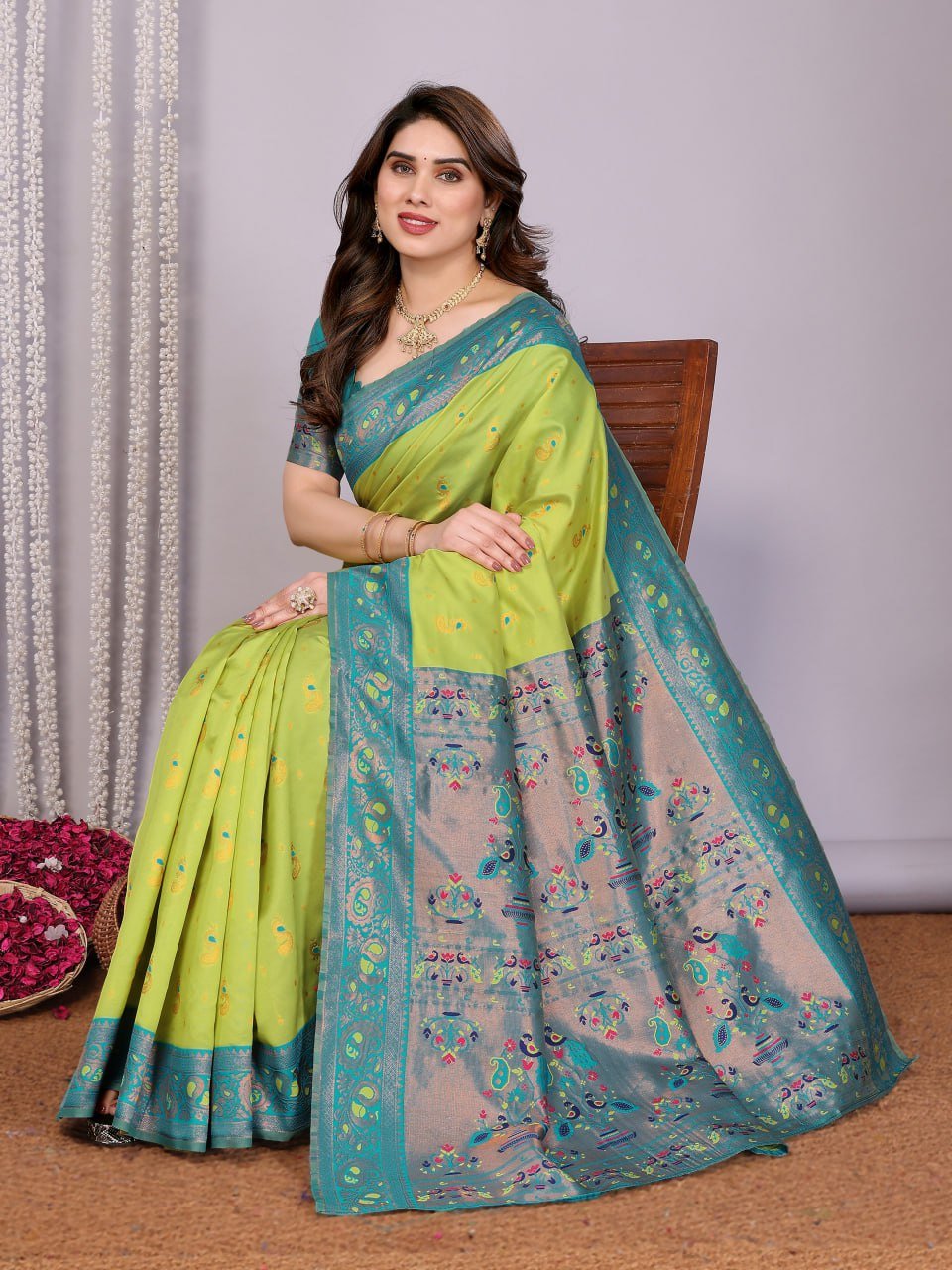 Leaf Green Banarasi Soft Silk Saree