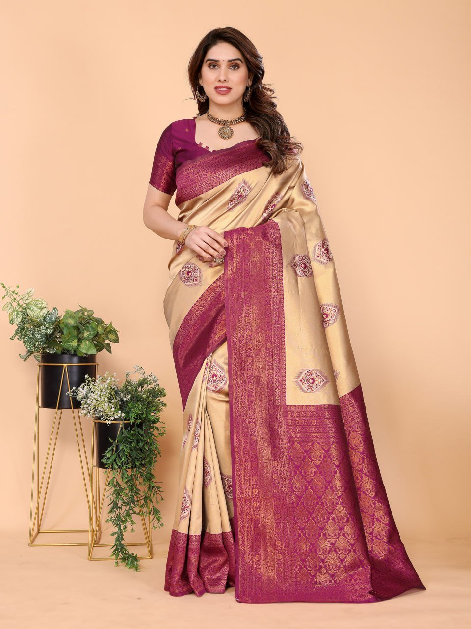 Maroon And Yellow Banarasi Soft Silk Saree