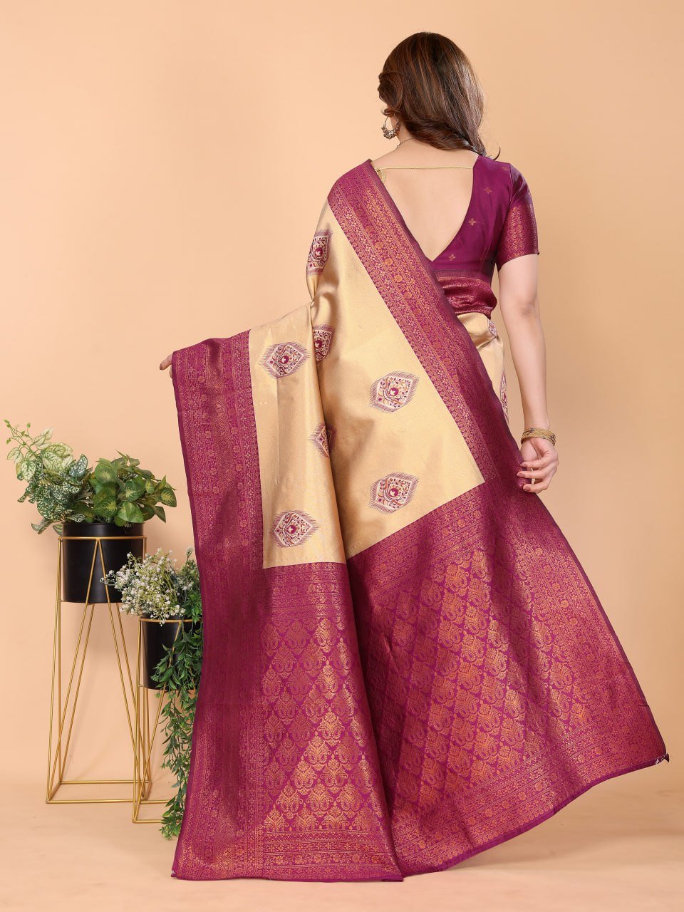 Maroon And Yellow Banarasi Soft Silk Saree