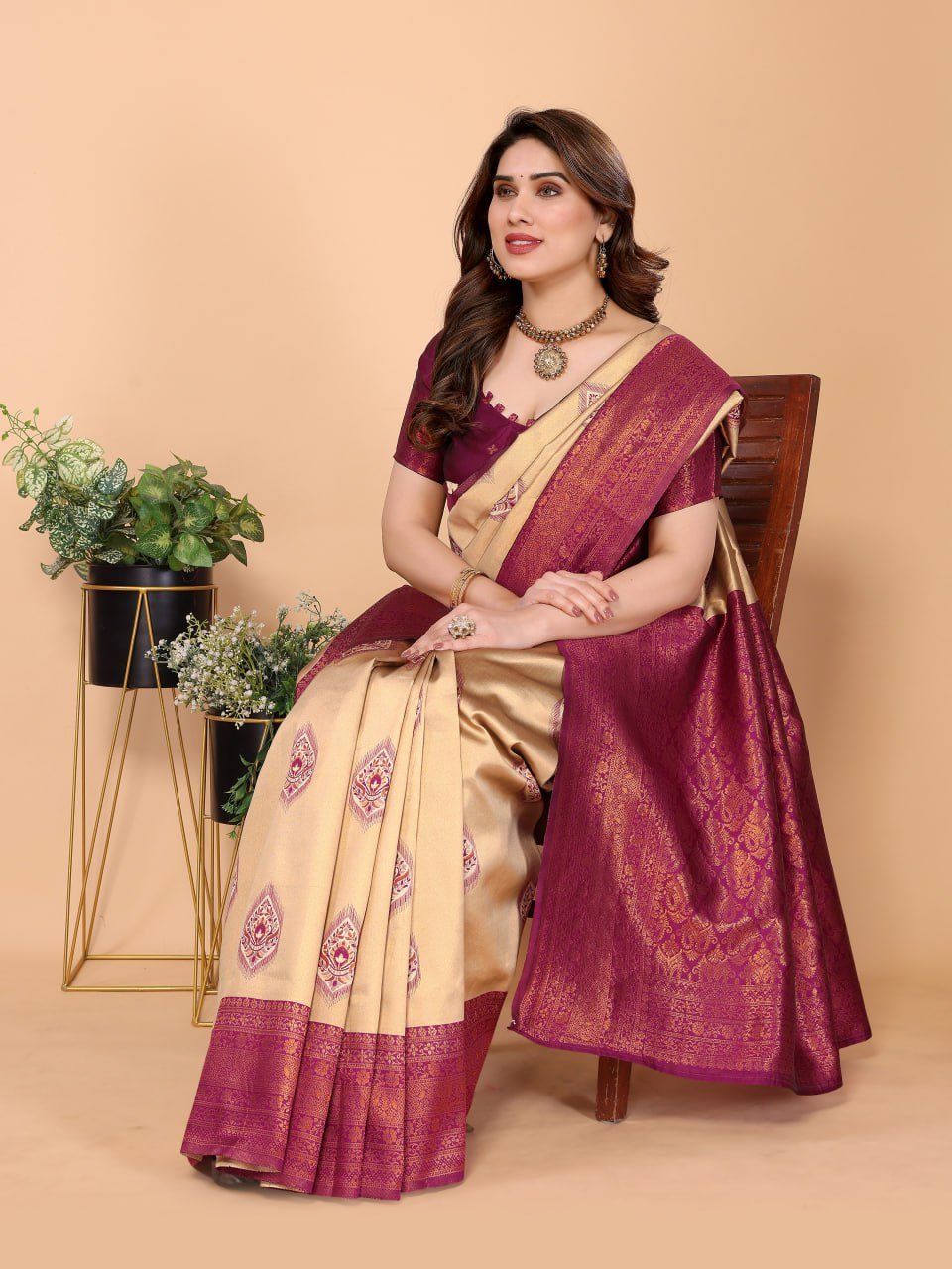 Maroon And Yellow Banarasi Soft Silk Saree