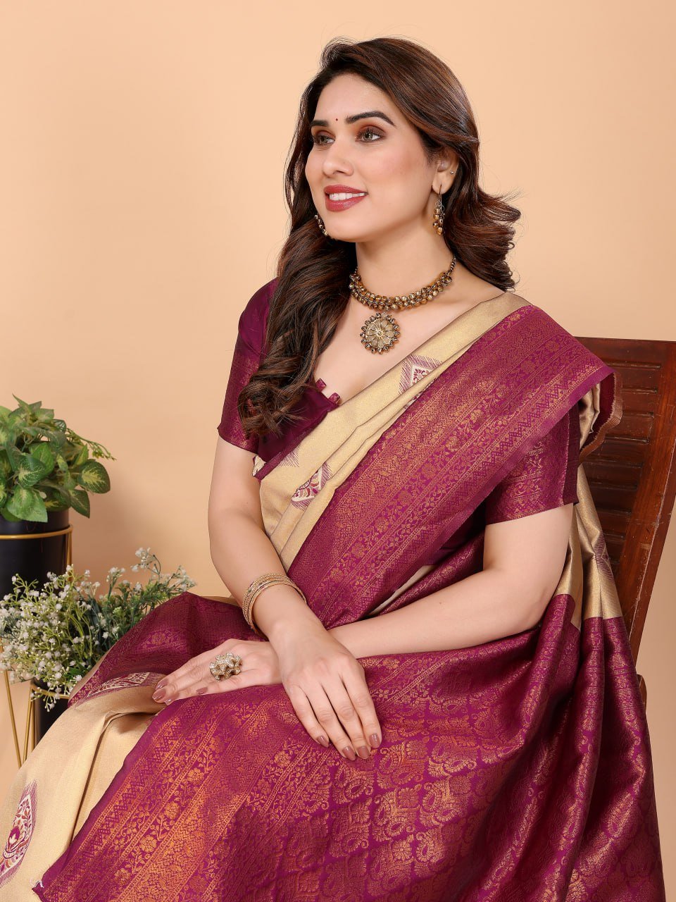 Maroon And Yellow Banarasi Soft Silk Saree