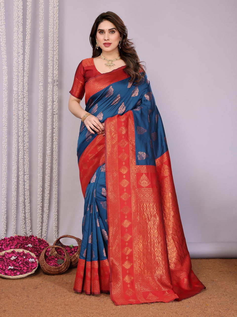 Dark Orange And Navy Blue Banarasi Soft Silk Saree