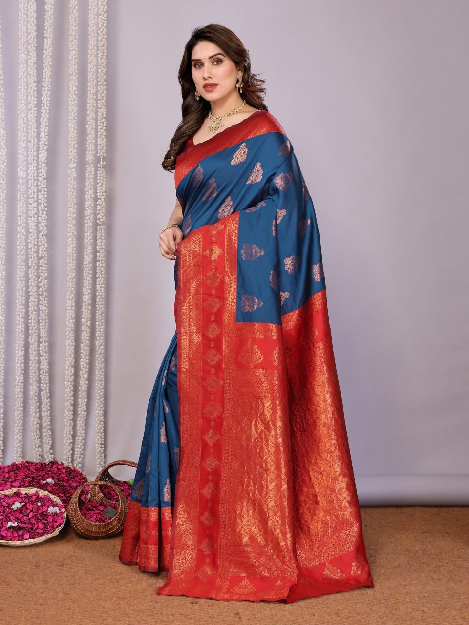 Dark Orange And Navy Blue Banarasi Soft Silk Saree