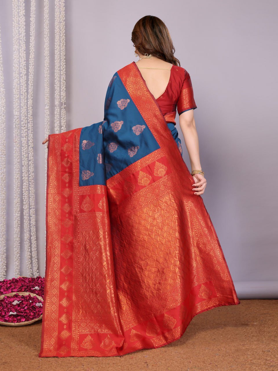 Dark Orange And Navy Blue Banarasi Soft Silk Saree