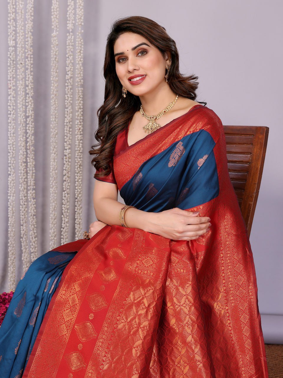 Dark Orange And Navy Blue Banarasi Soft Silk Saree