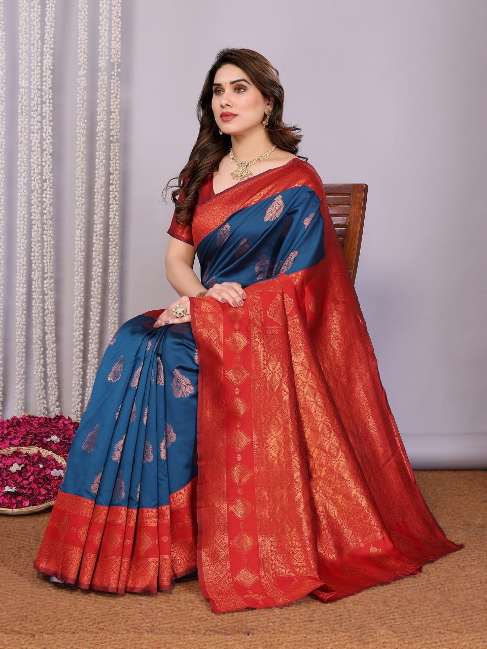 Dark Orange And Navy Blue Banarasi Soft Silk Saree