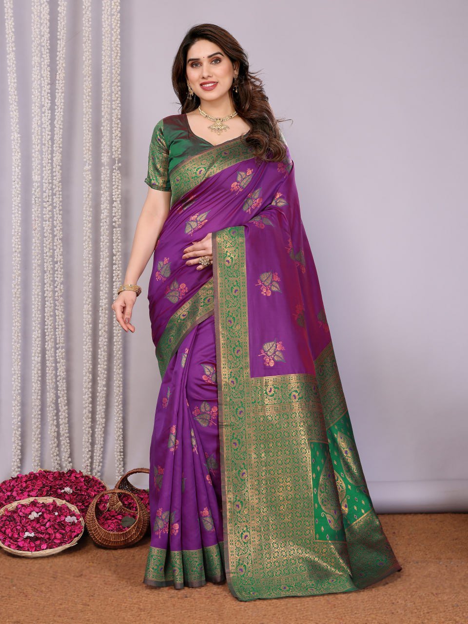 Purple And Green Banarasi Soft Silk Saree
