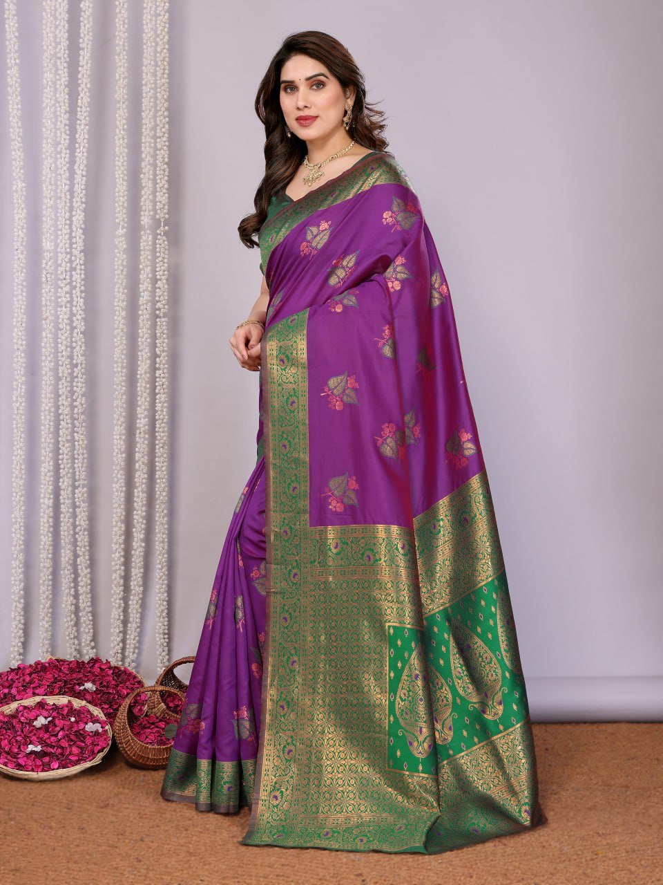 Purple And Green Banarasi Soft Silk Saree