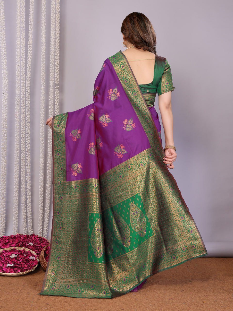 Purple And Green Banarasi Soft Silk Saree