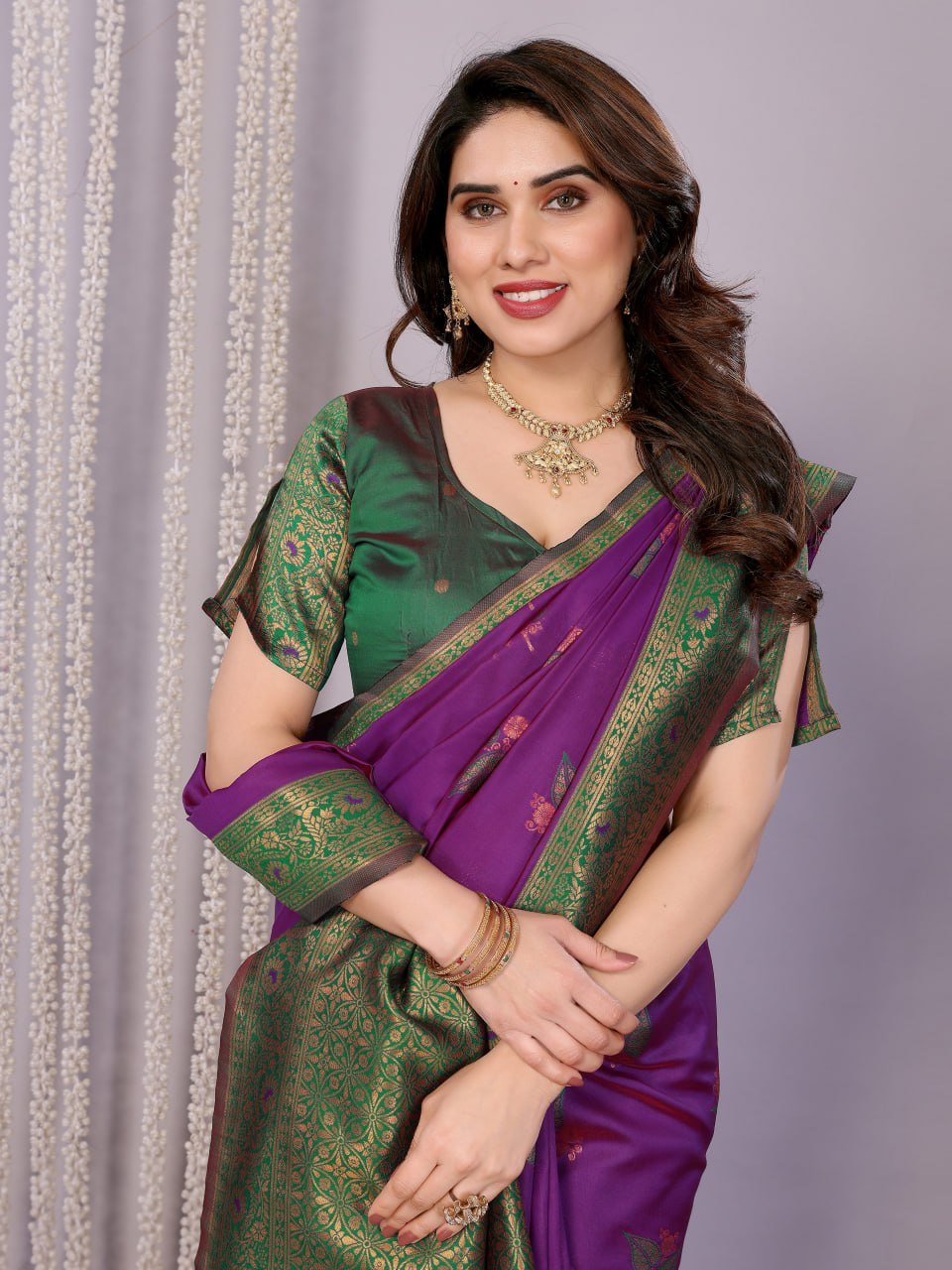 Purple And Green Banarasi Soft Silk Saree